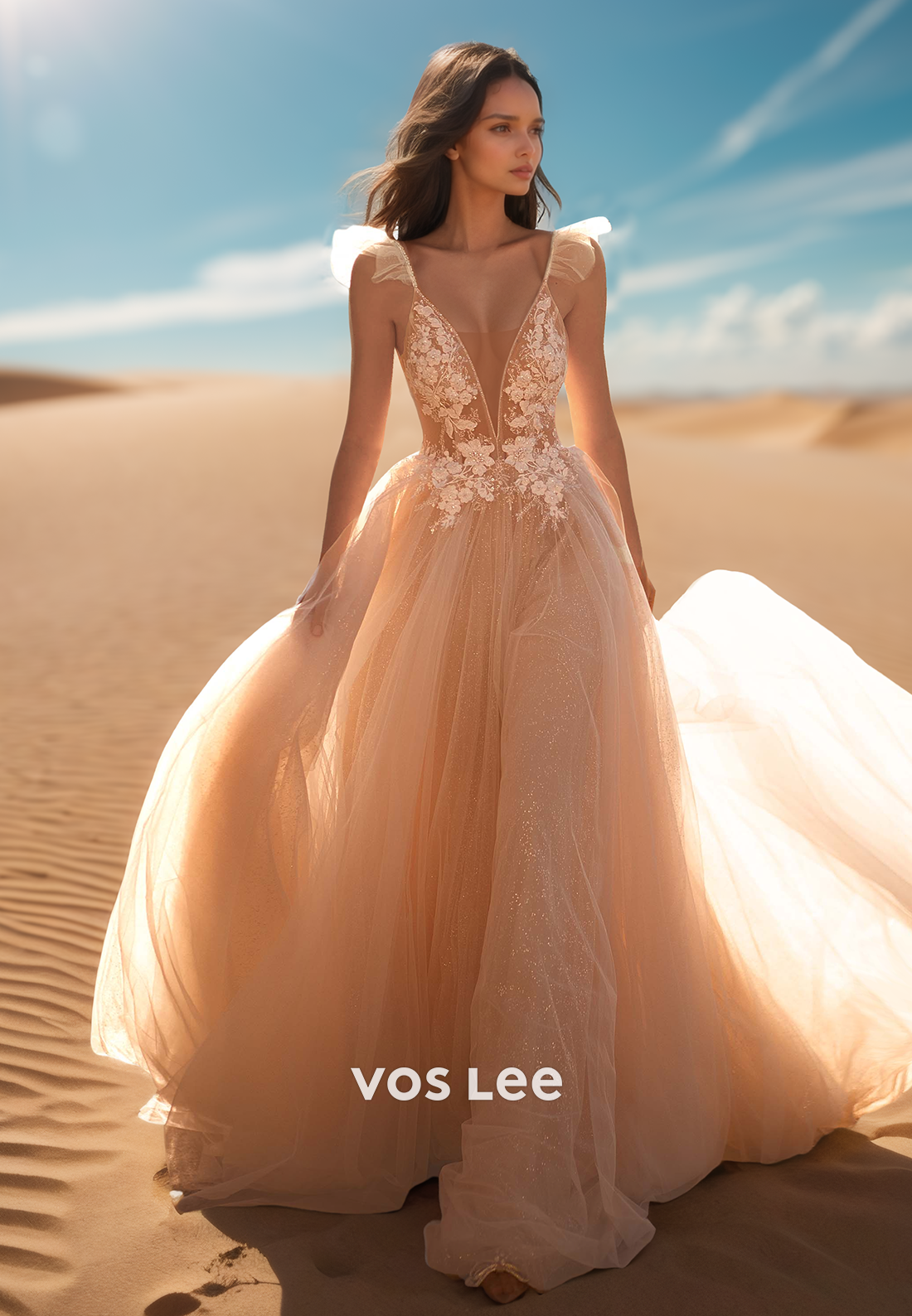 Ornate Low V-Neck Floral Appliqued Wedding Dresses 2025 with Open Back