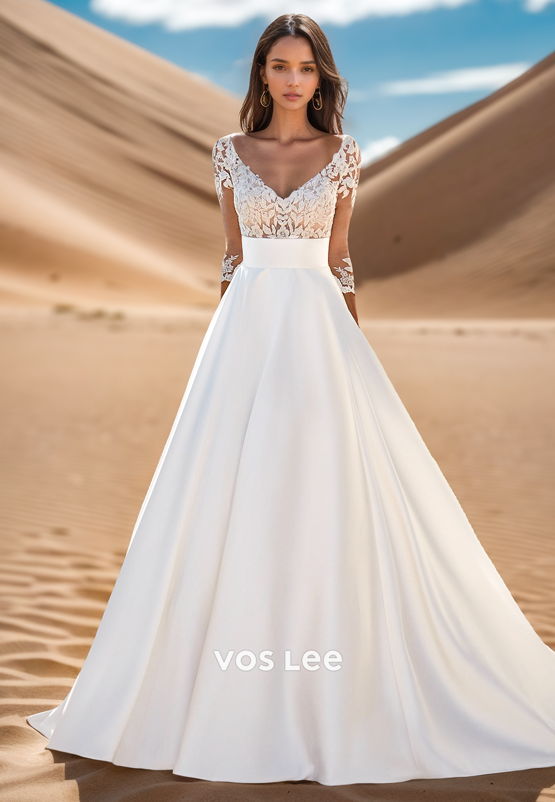 A-Line V Neck Lace Applique Quarter Sleeve Wedding Dresses With Train