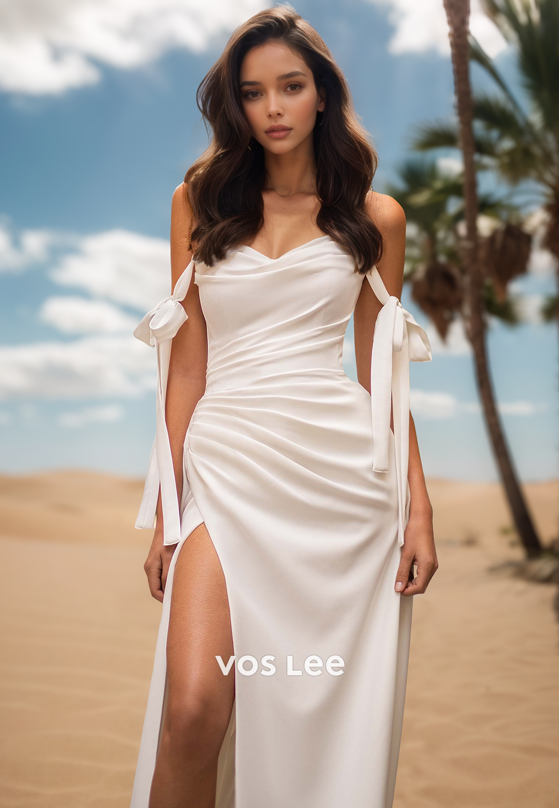 Couture Pleats Sweetheart Bowknot Beach Wedding Dresses with High Split
