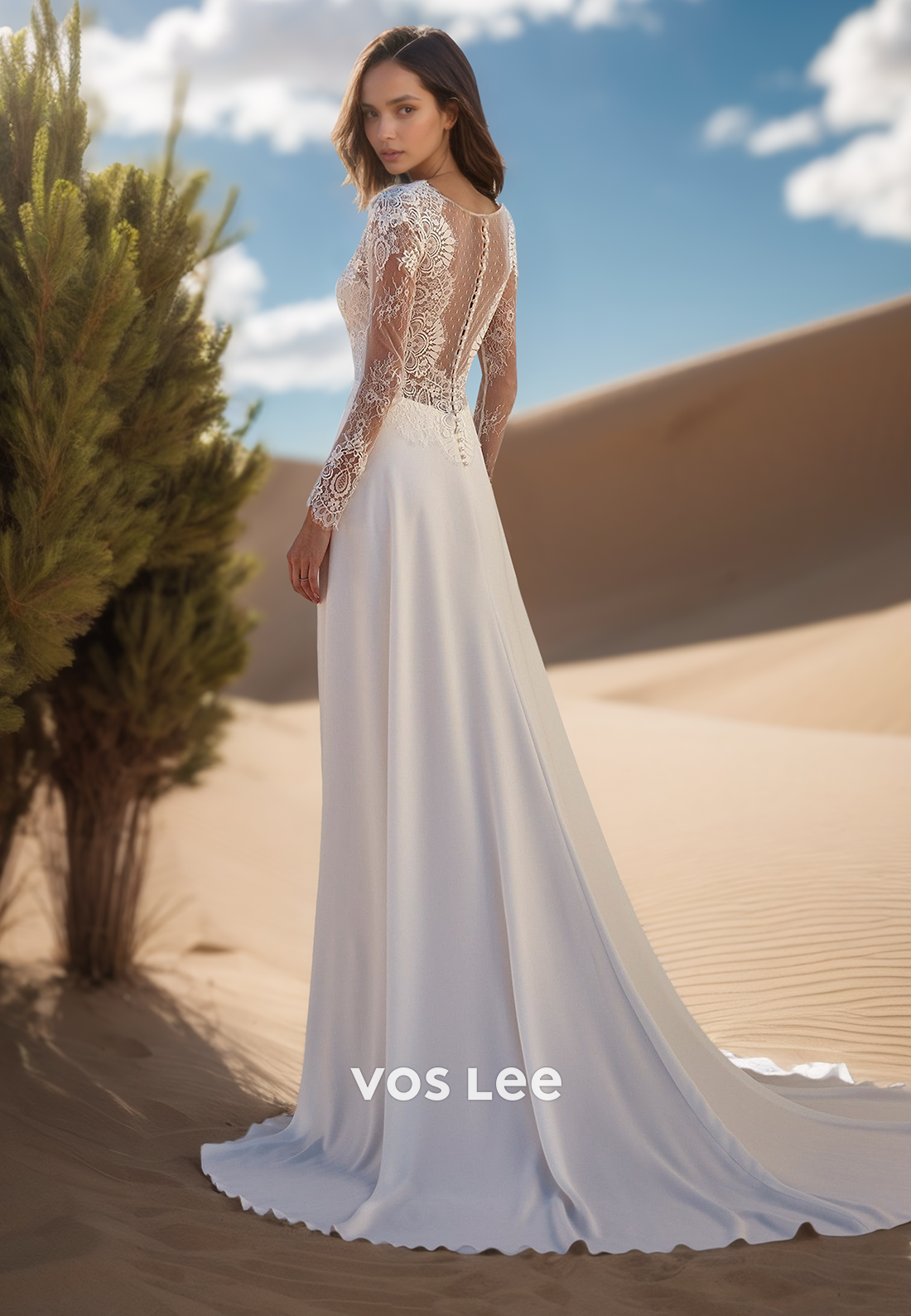A-Line Low V-Neck Lace Applique Long Sleeves Wedding Dresses with Sweep Train
