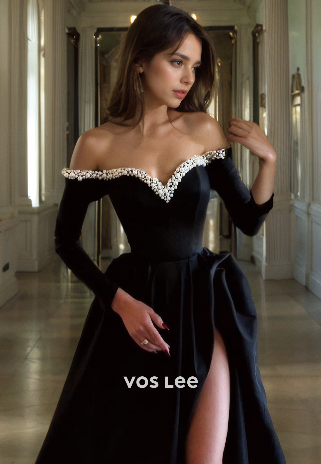 Black Prom Dress with Slit A-Line Off Shoulder Long Sleeves Long Formal Evening Dress