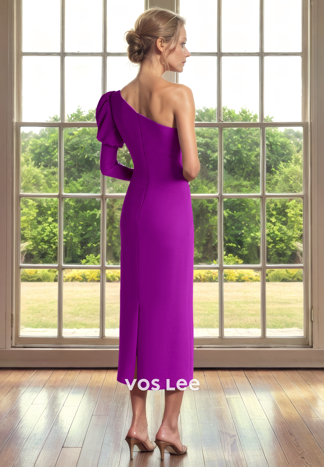 Vintage Sheath One Shoulder Long Sleeves Satin Mother of the Evening Dress