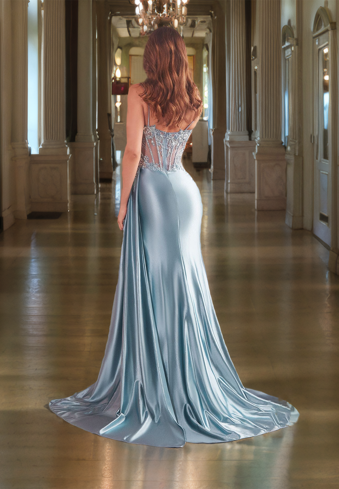 Gorgeous Spaghetti Straps Satin Prom Dress with Slit Sweetheart Lace Zipper Back Party Dress