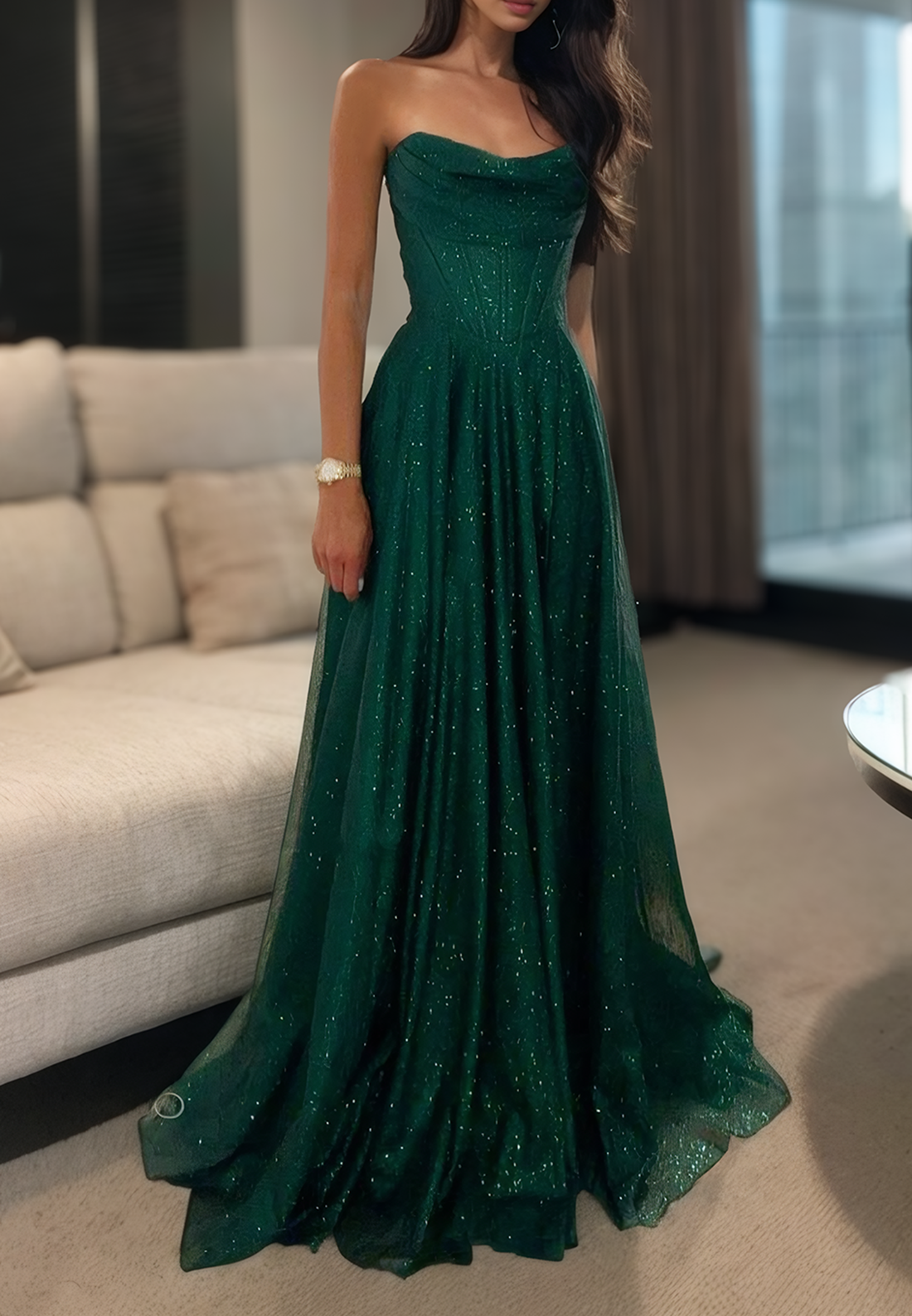 Sparkly Strapless Dark Green Glitter A-Line Cocktail Dress Floor Length Graceful Prom Dresses