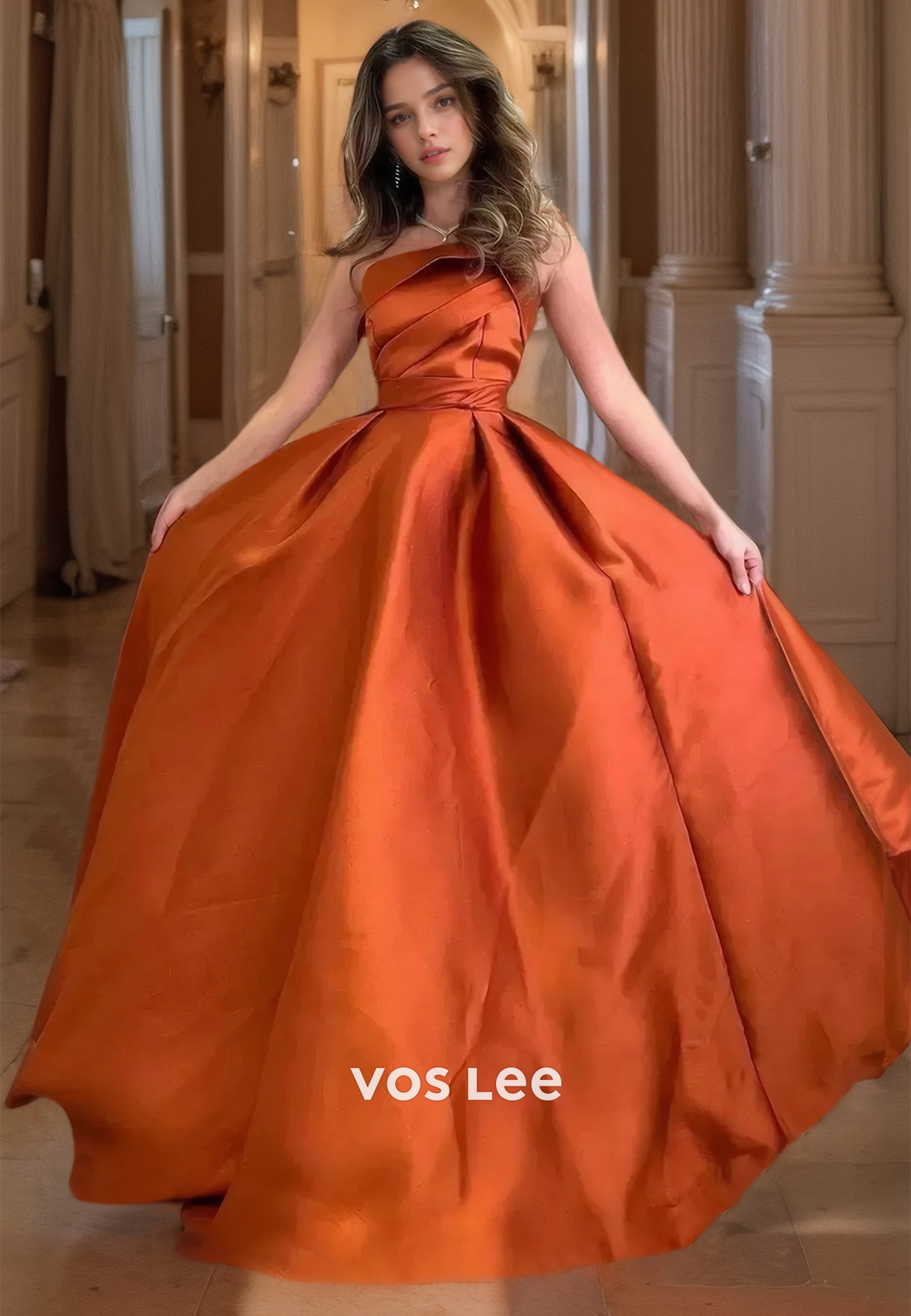 A-line Luxury Orange Satin Prom Gown Floor Length Strapless Pleated Fo VOS LEE A-line Luxury Orange Satin Prom Gown Floor Length Strapless Pleated Fo VOS LEE