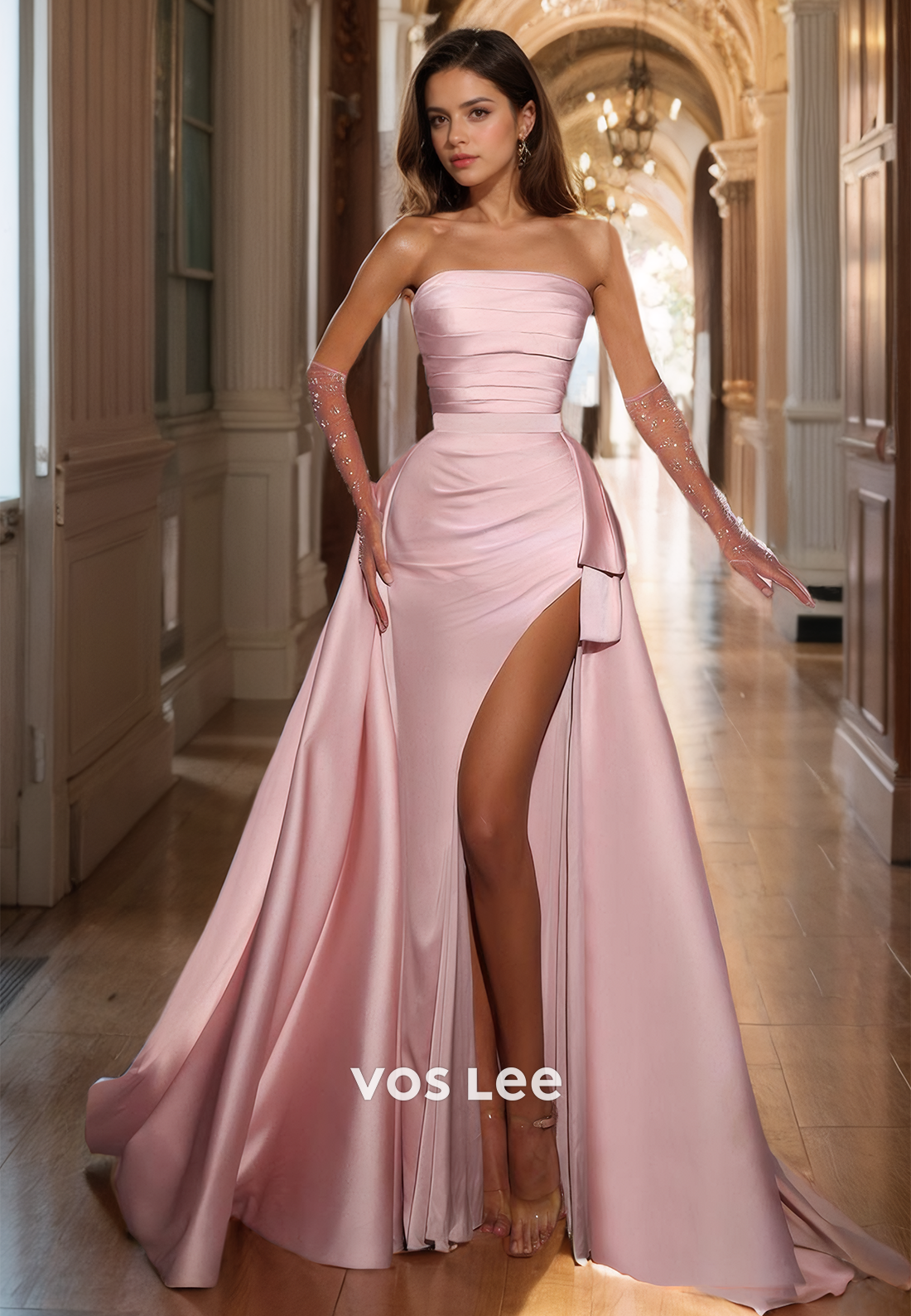 Graceful Strapless Pleated Baby Pink Prom Dress A-Line Zipper Back Quinceanera Dress with High Split