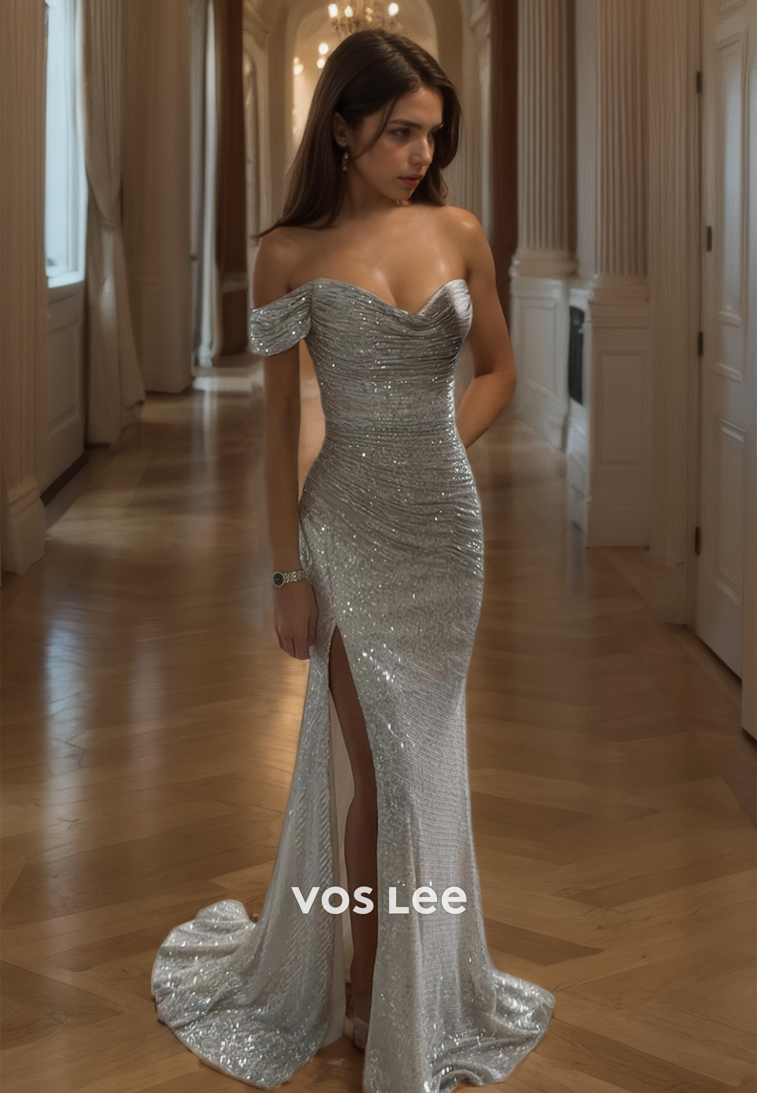 Sparkly Sweetheart Silver Off-Shoulder Cocktail Dresses Mermaid Floor Length Formal Occasion Party Dresses