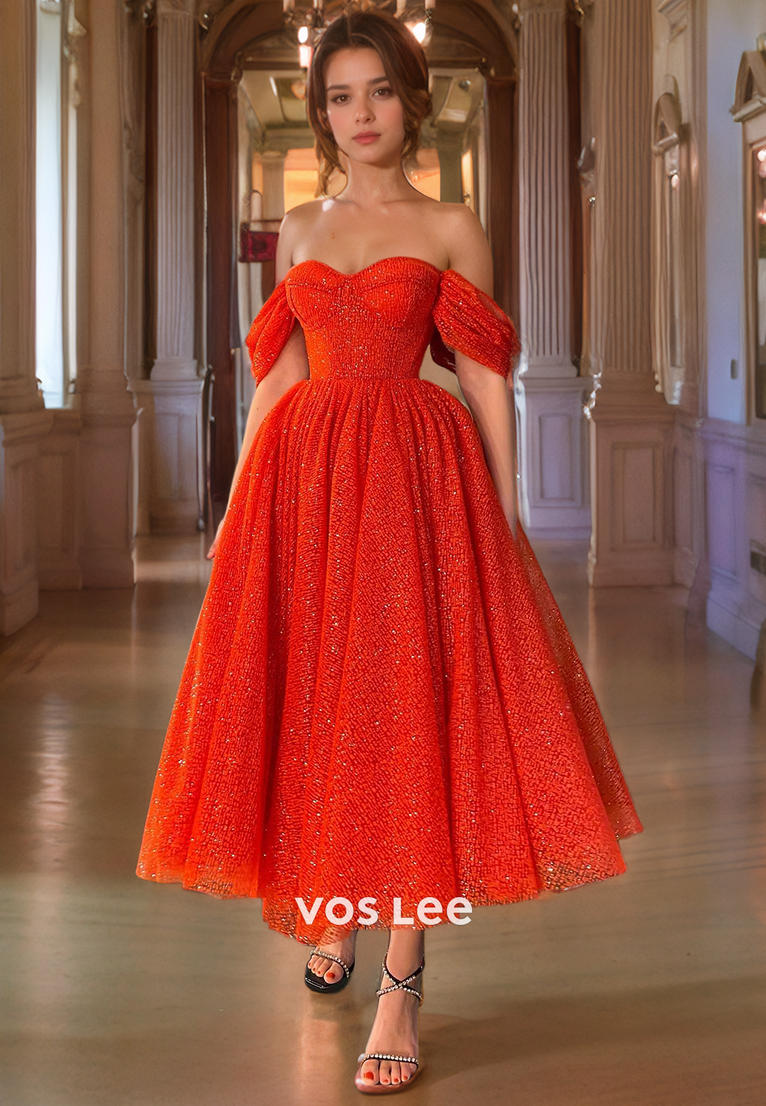 Sparkly Red A-Line Off-Shoulder Quinceanera Dress Sweetheart Ankle Length Glitter Prom Dress