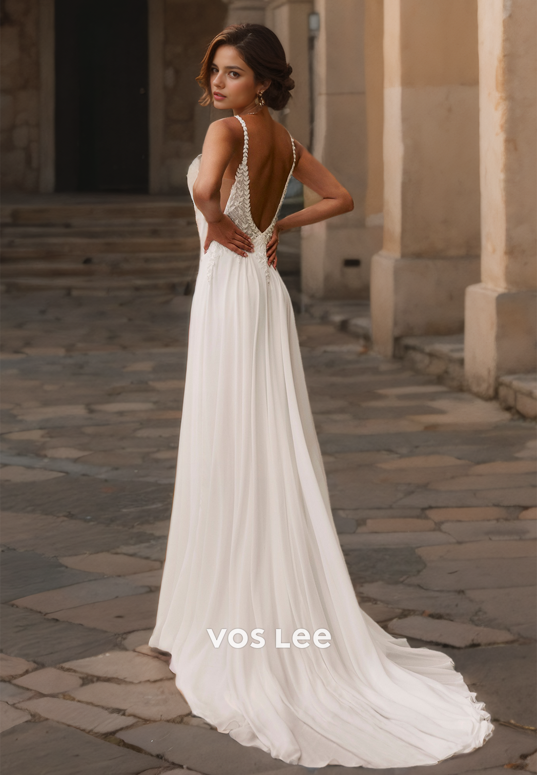 V Neck Spaghetti Straps Long Train Engagement Dresses Appliqued Backless Chiffon Wedding Dress