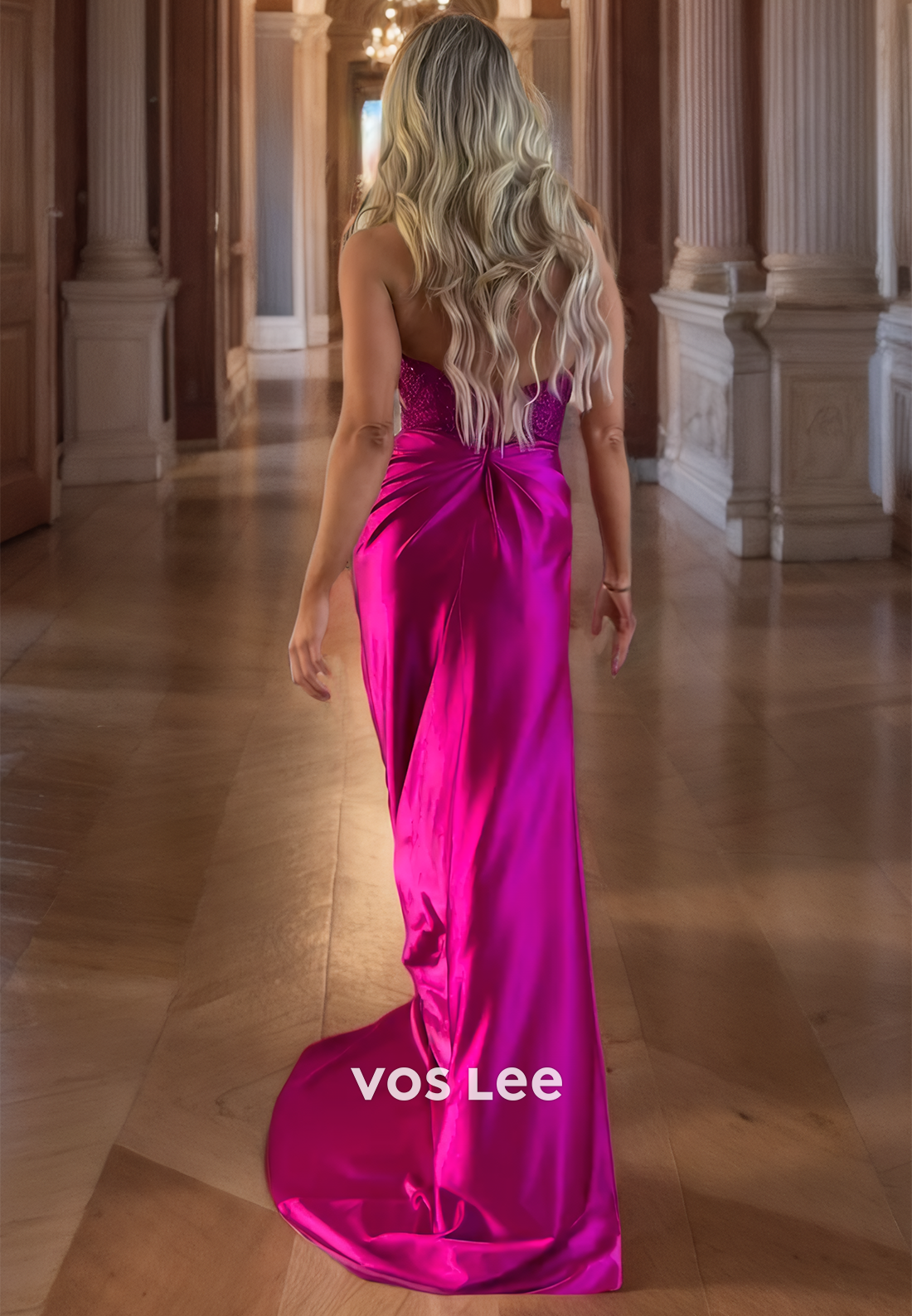 Elegant V-Neck Satin Fuchsia Pageant Dress Halter Side Slit Long Train Evening Prom Dress
