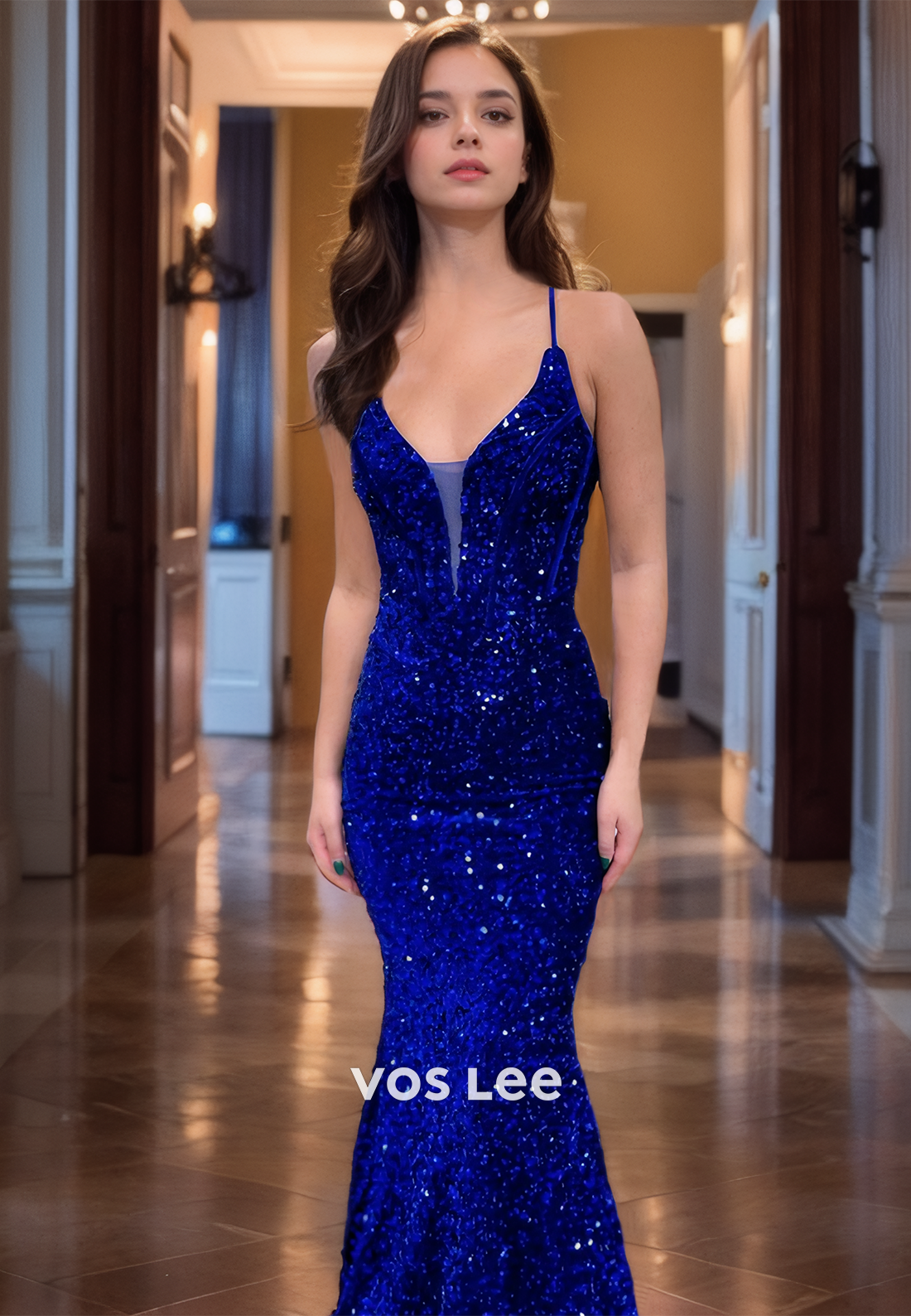 Sparkly Mermaid Royal Blue Quinceanera Dresses Spaghetti Straps Sequined Lace Up Prom Gown