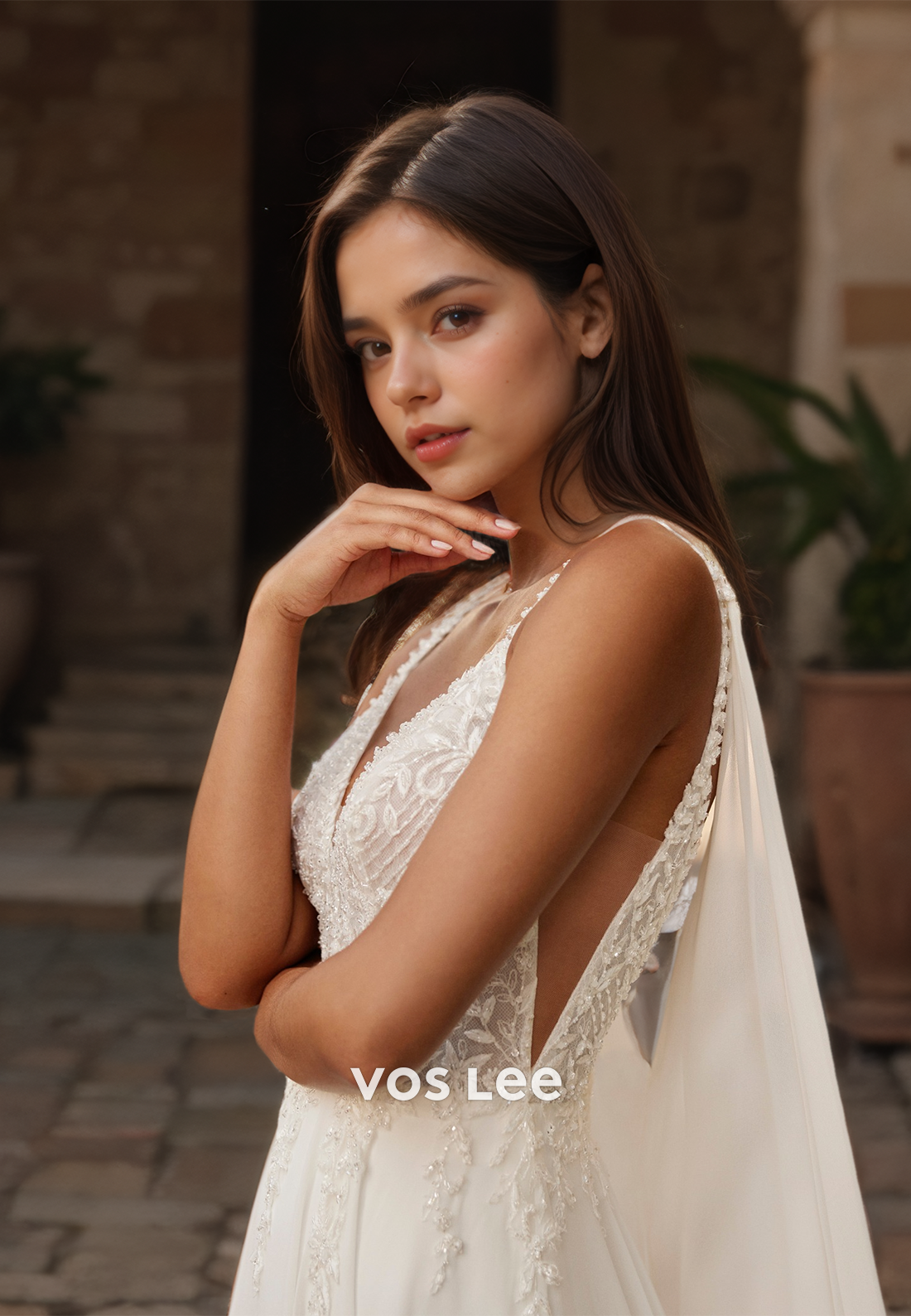 V Neck Spaghetti Straps Long Train Engagement Dresses Appliqued Backless Chiffon Wedding Dress