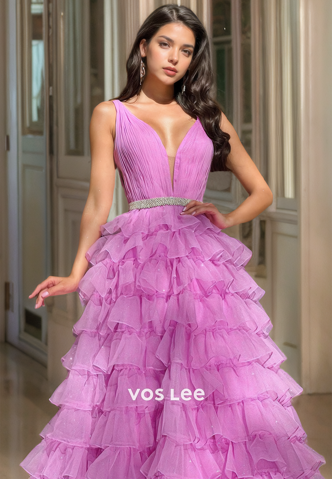 Gorgeous A-Line V Neck Illusion Backless Tiered Tulle Sleeveless Sweep Train Prom Birthday Dress Glitter