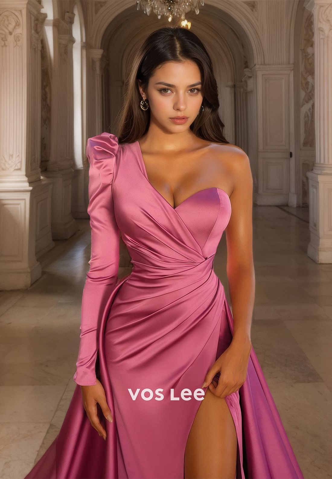 Flamingo Long One Sleeve Satin Prom Dress Pleated A-Line Elegant Pageant Dress with Slit