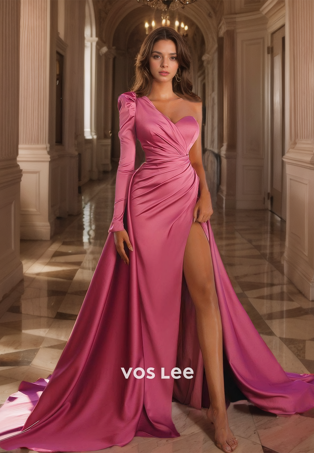 Flamingo Long One Sleeve Satin Prom Dress Pleated A-Line Elegant Pageant Dress with Slit