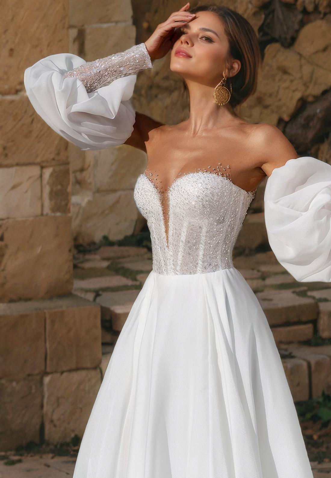 Fairytale Sweetheart Cathedral Train A-Line Off Shoulder Lace Tulle Long Sleeves Beach Wedding Dress