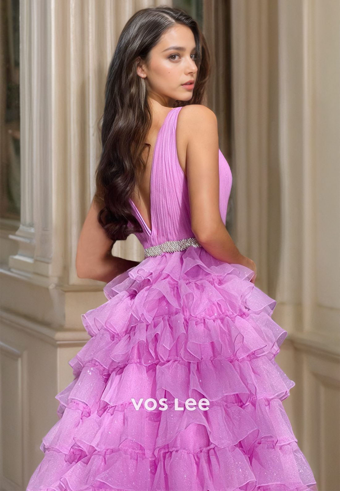 Gorgeous A-Line V Neck Illusion Backless Tiered Tulle Sleeveless Sweep Train Prom Birthday Dress Glitter