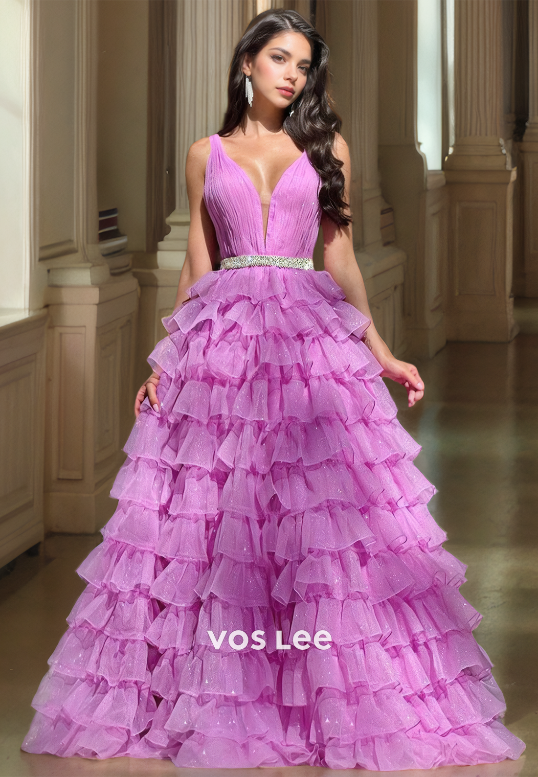 Gorgeous A-Line V Neck Illusion Backless Tiered Tulle Sleeveless Sweep Train Prom Birthday Dress Glitter