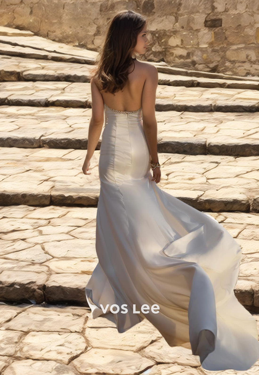 Charming Halter Sleeveless Column Side Split Sleeveless Beaded Ruehed Wedding Dress