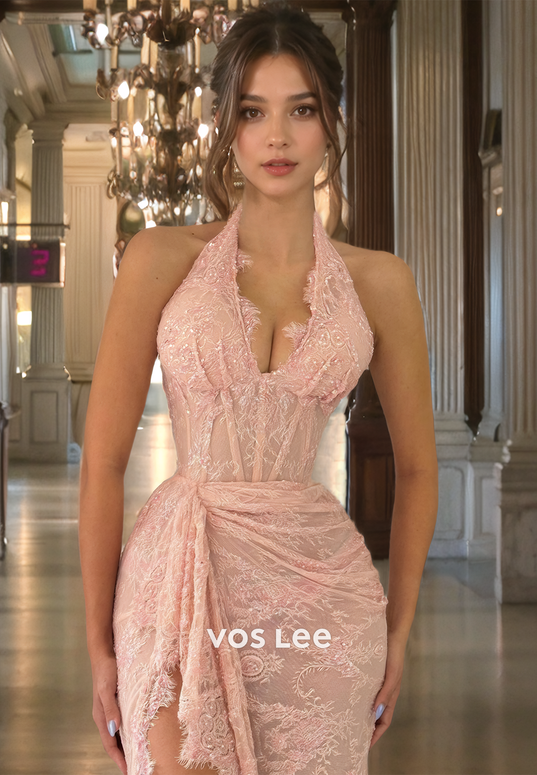 Elegant Halter Sheath High Split Lace Appliques Prom Formal Dress