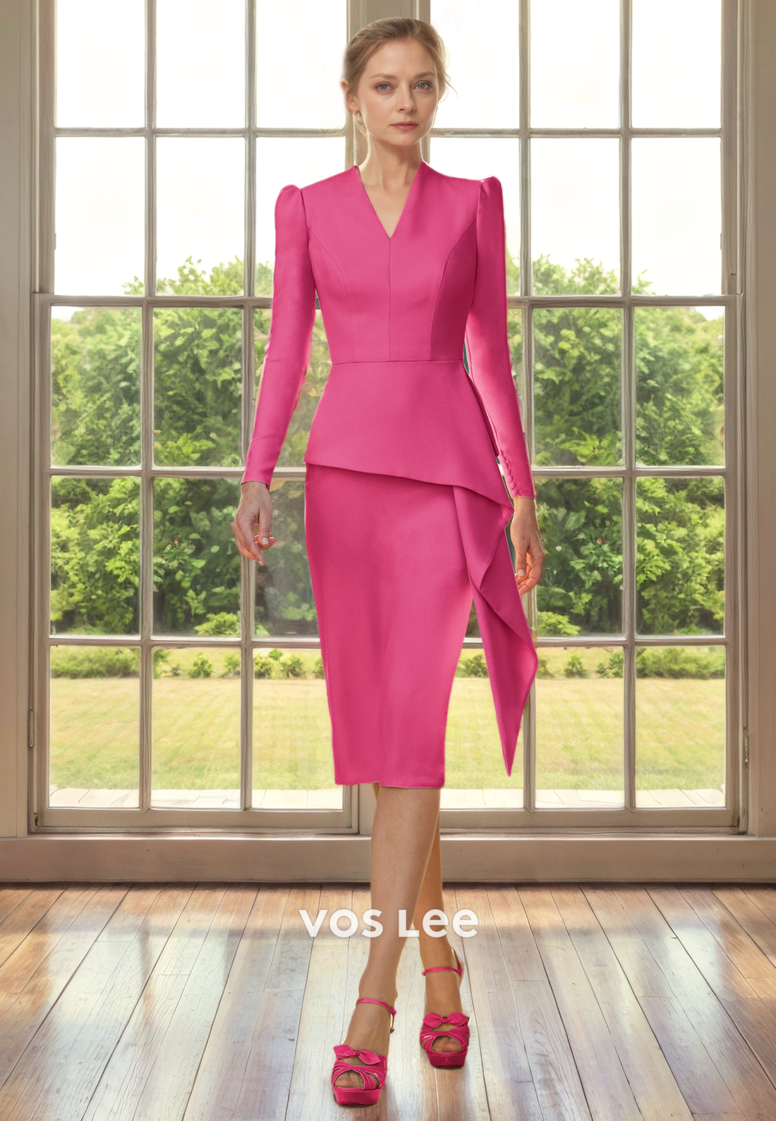 Elegant V Neck Long Sleeves Sheath Knee Length Mother of the Bride Dress