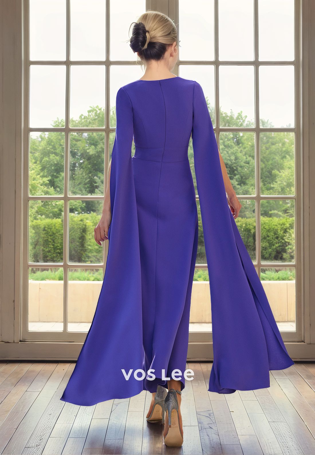 Royal Blue Ankle Length Mother of the Bride Dress with Long Sleeves V Neck Elegant Party Dresses
