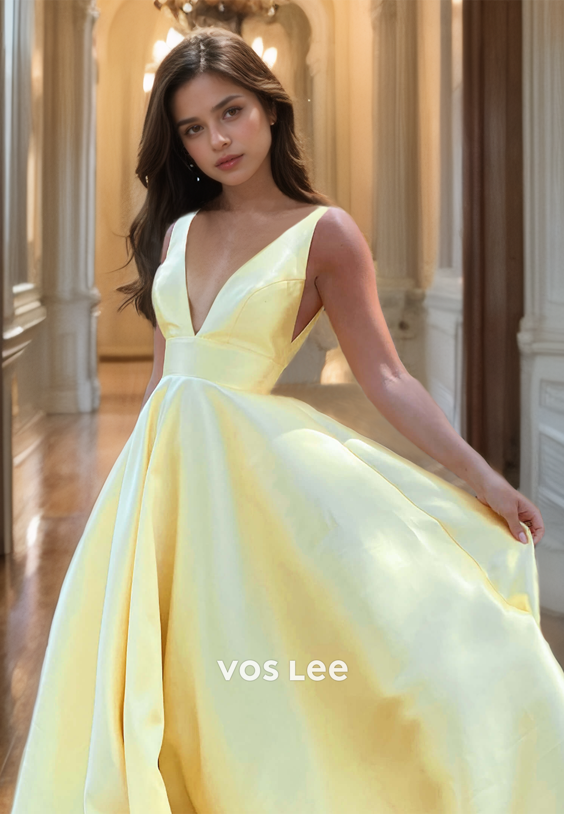 A-Line Yellow V Neck Luxury Prom Dress Spaghetti Straps Floor Length Satin Quinceanera Dress