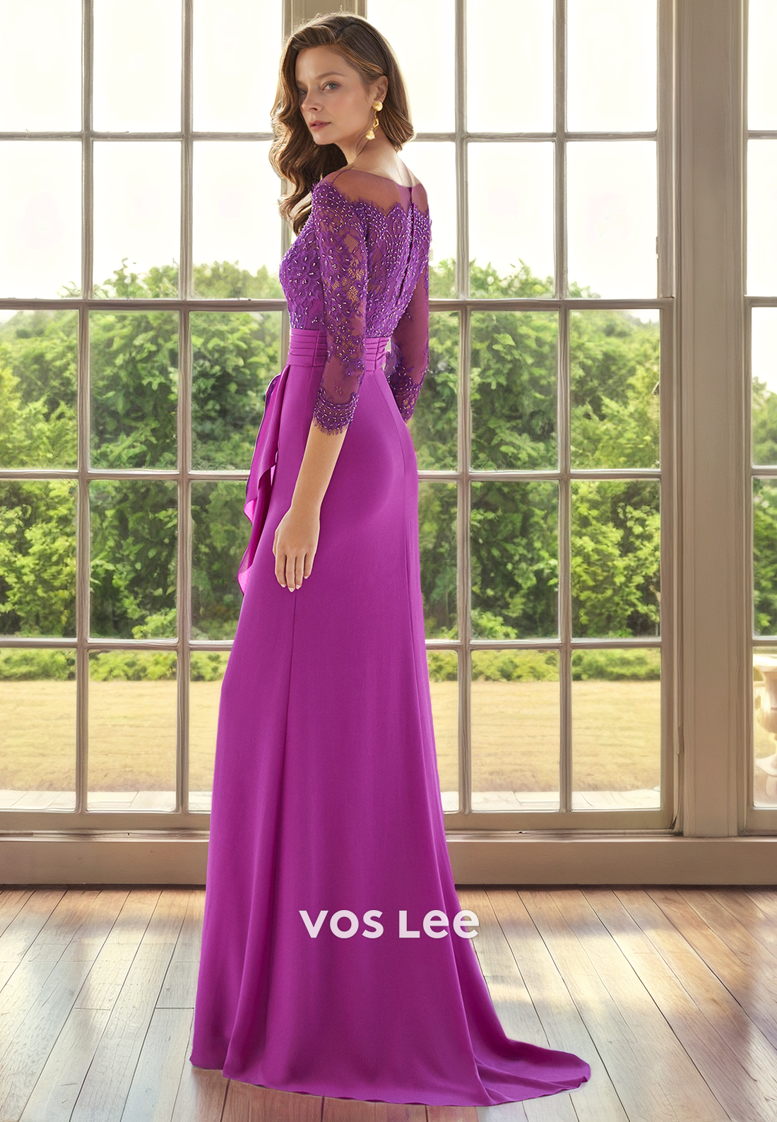 Graceful Column Bateau Lace Appliques Beaded Illusion Mother of the Bride Dress