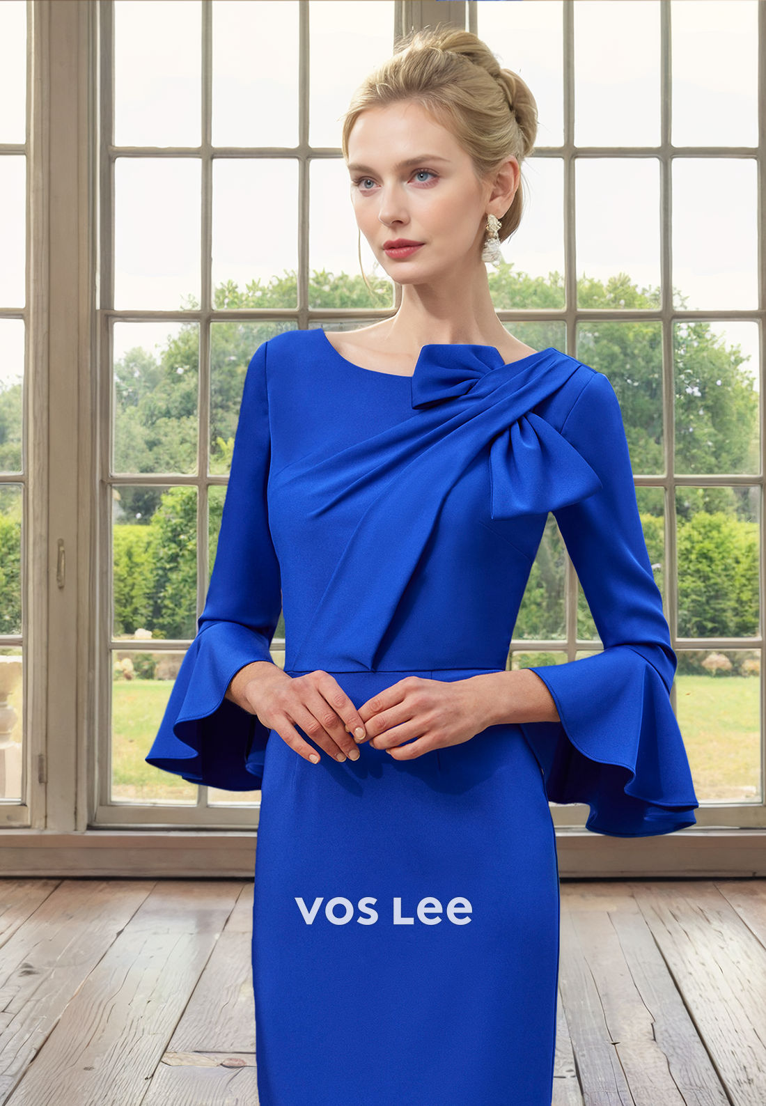 Sheath/Column Royal Blue Scoop Tea Length Long Sleeves Mother of the Bride Dresses