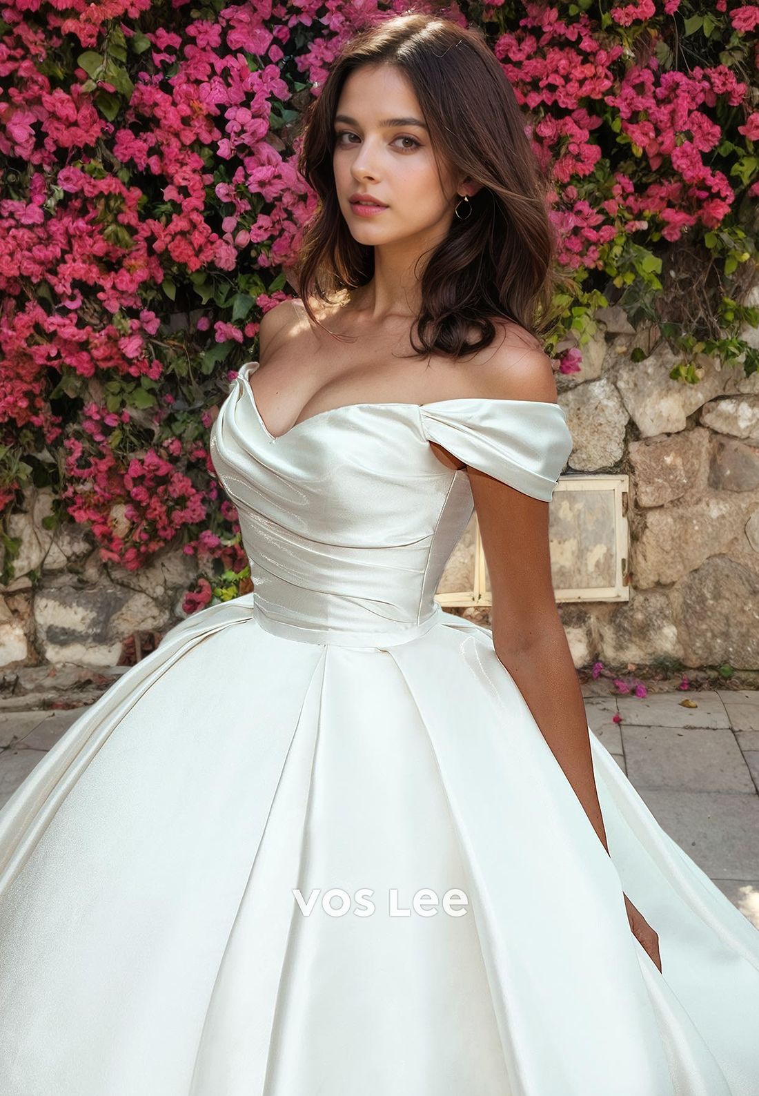 Royal Sweetheart Satin Off-Shoulder Wedding Gown Floor Length Pleated Formal Bridal Ball