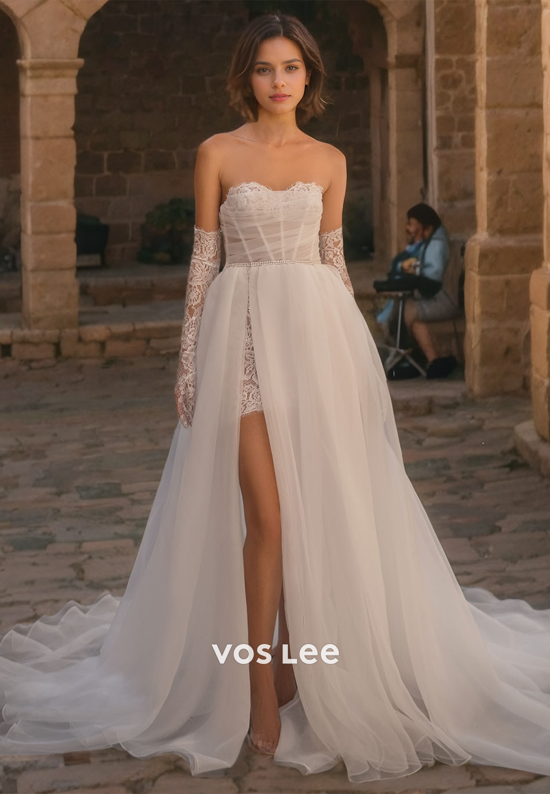 A-Line Sweetheart Tulle Detached Train Formal Wedding Dress with Lace Gloves