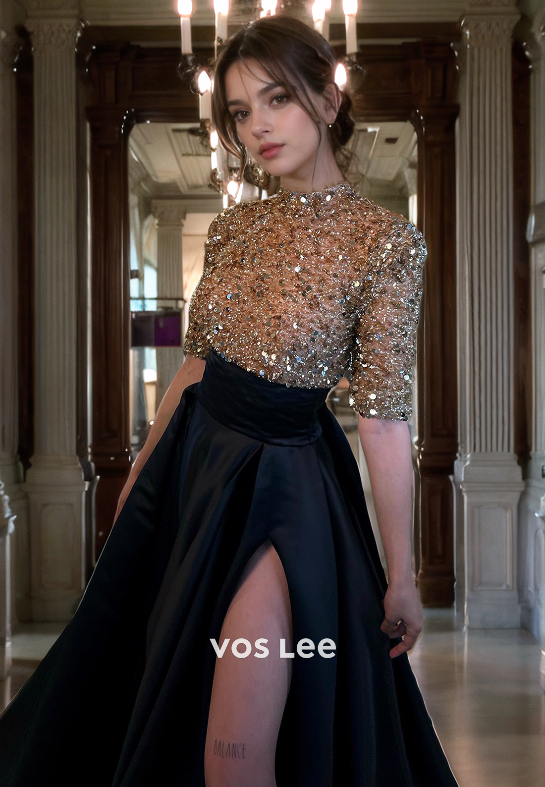 A-Line Sparkly Sequined O-Neck Evening Party Gown Short Sleeves Elegant Quinceanera Dress with Slit