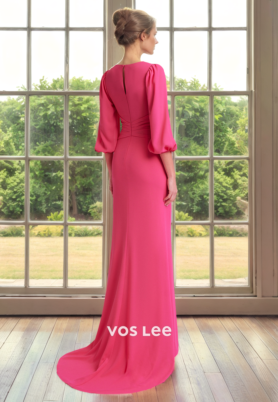 Charming Long Sleeves V Neck Column Ruched Satin Mother of the Bride Evening Dress