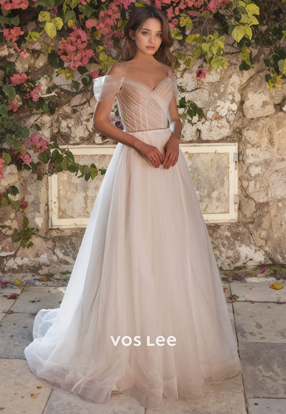 A-Line Tulle Floor Length Off-Shoulder Formal Wedding Gown Lace-Up Elegant Wedding Engagement Dress