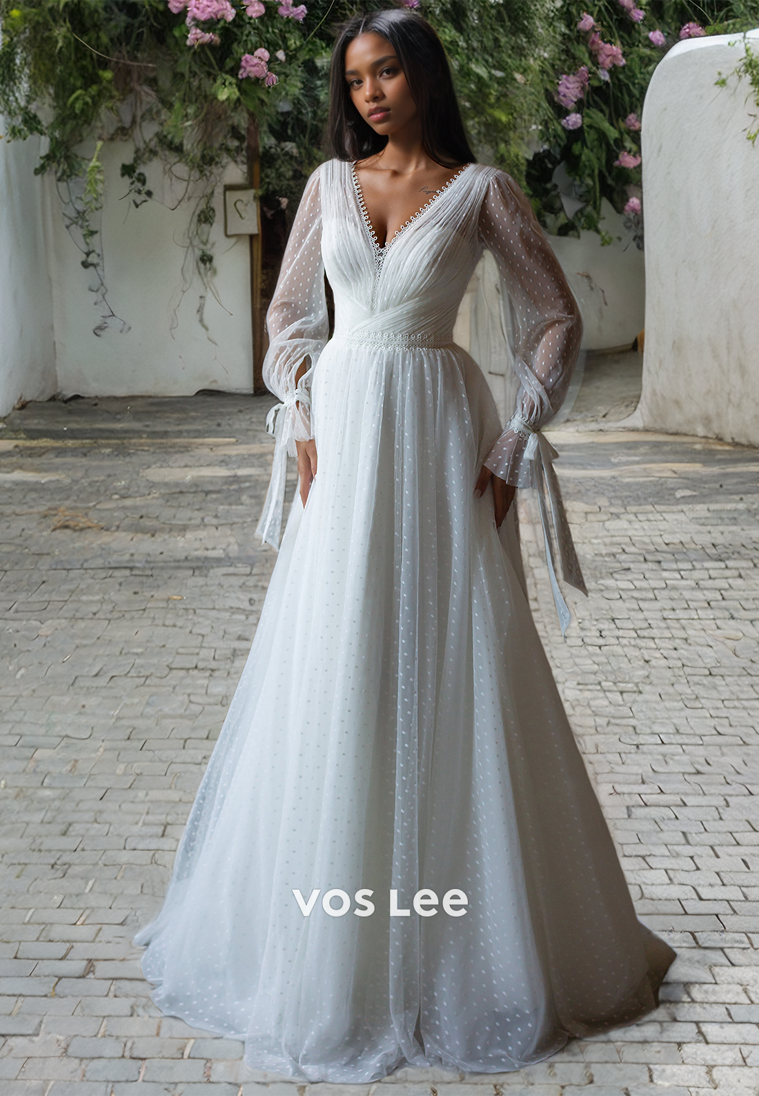 A-Line Polka Dot V-Neck Formal Wedding Dress Floor Length Chiffon Long Sleeves Bride Gown