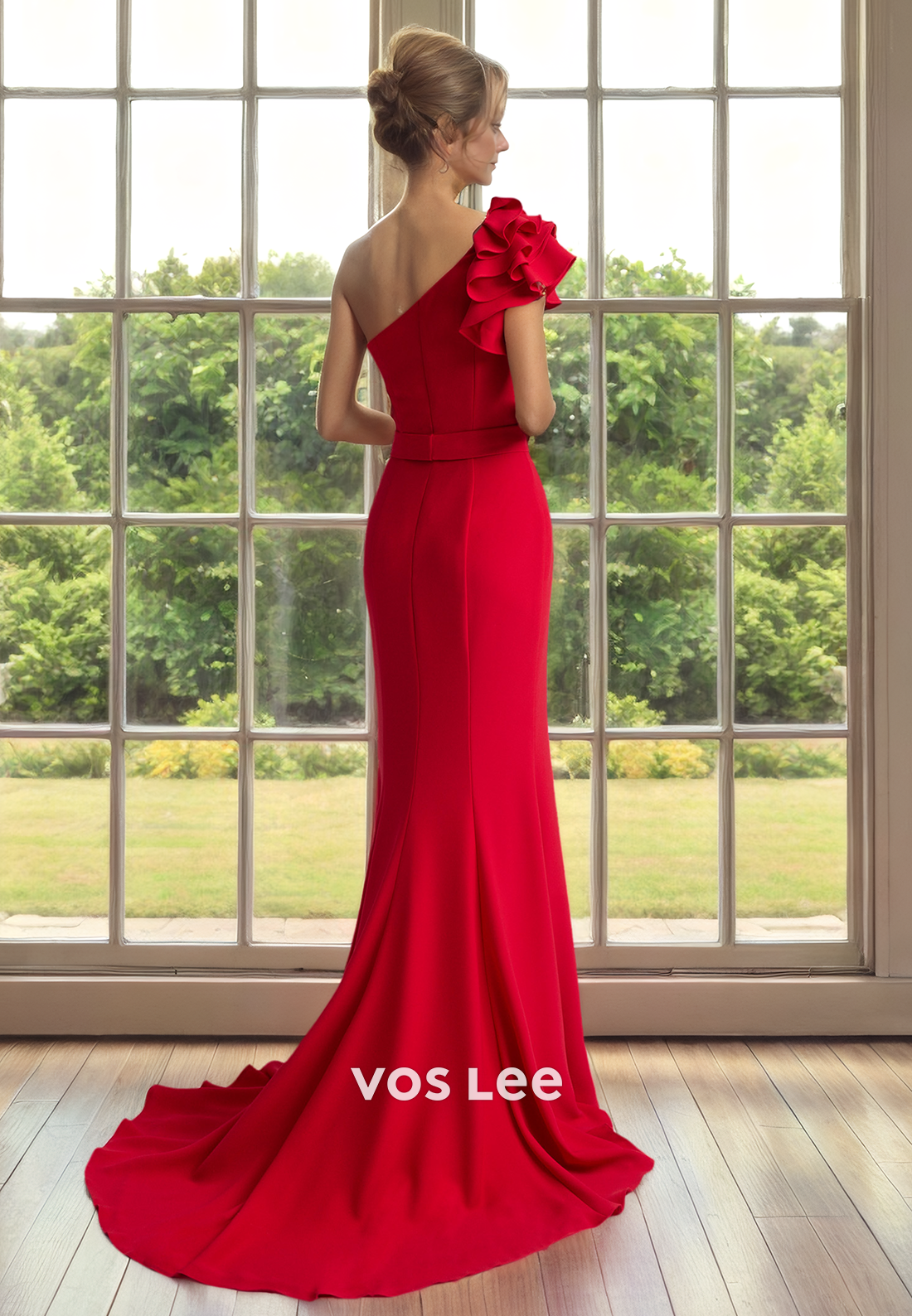 Gorgeous Red One Shoulder Ruffled Appliques Beaded Mother of the Bride Dress