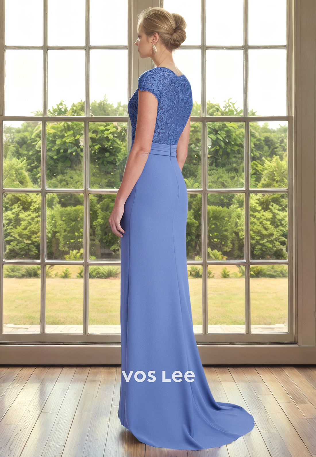 Elegant Sheath V Neck Cap Sleeves Lace Appliques Satin Mother of the Bride Dress with Split