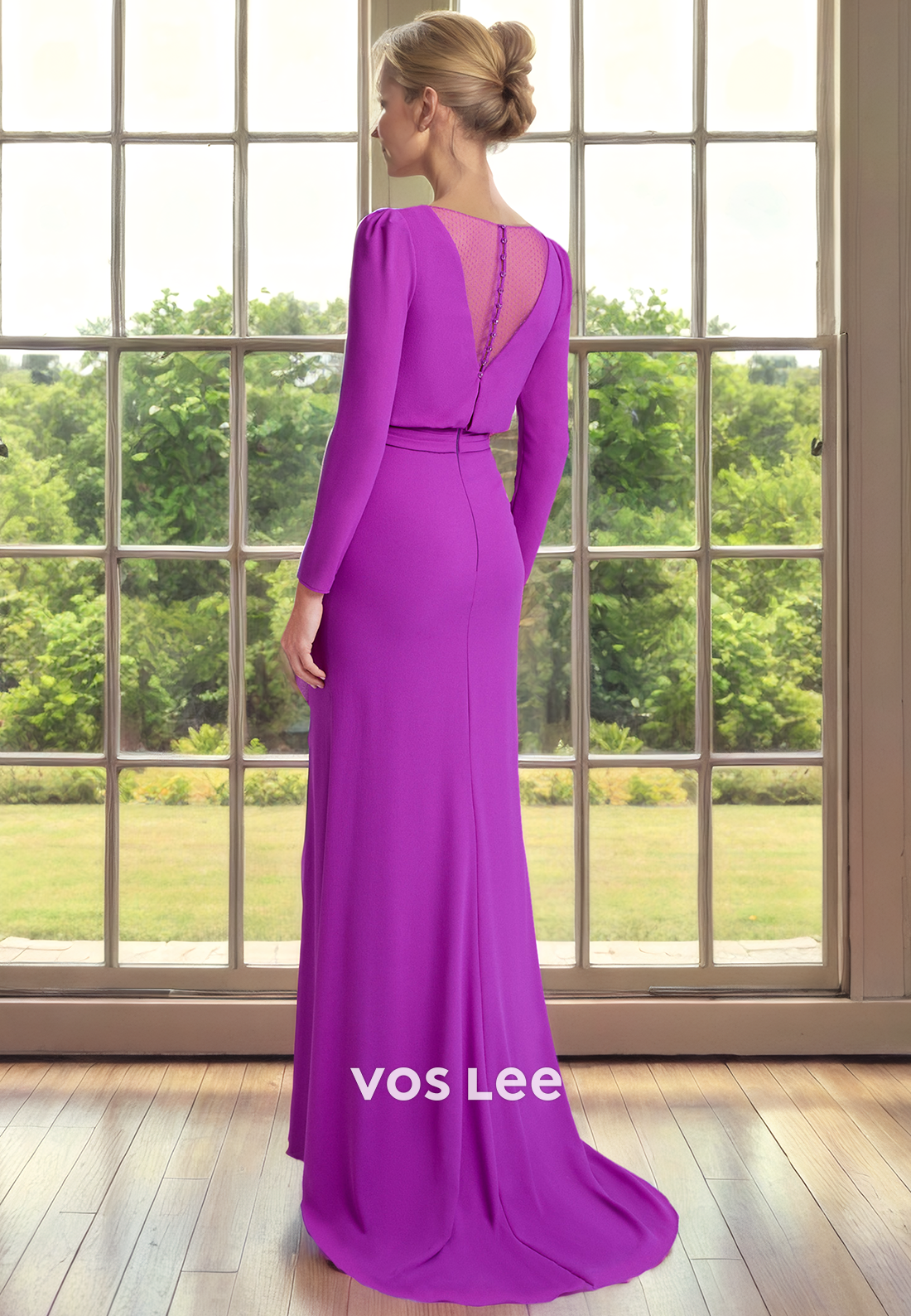 Elegant Column V Neck Long Sleeves Back Zipper Illusion Draped Mother of the Formal Dress