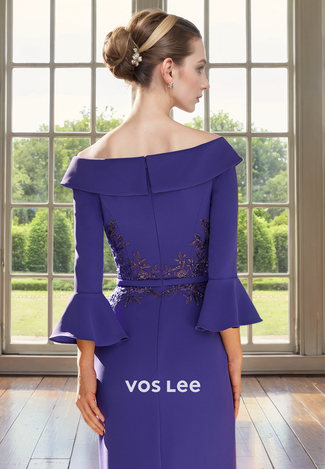 Purple Appliqued V Neck Tea Length Purple Formal Mother of the Bride Dresses with Long Sleeves