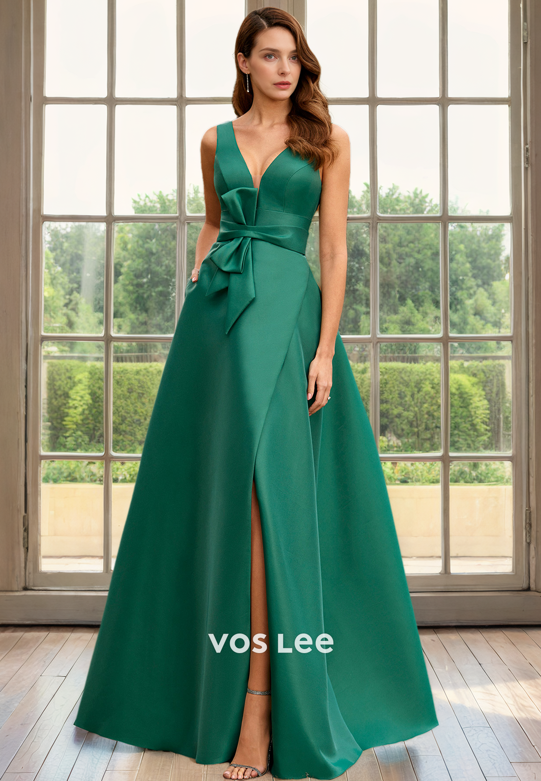 A-Line Satin Modest Straps Mother of the Bride Dress V Neck Floor Length Backless Cocktail Dresses
