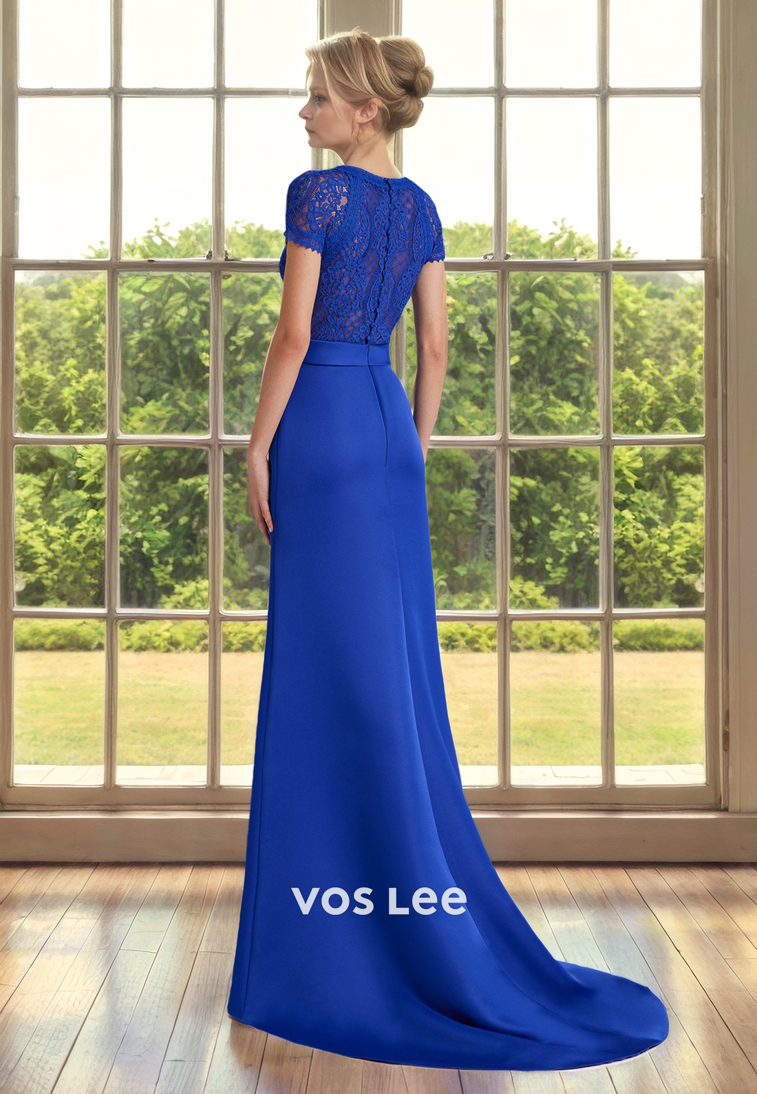 Modest V Neck Short Sleeves Sheath Lace Appliques Belt Mother of the Bride Dress