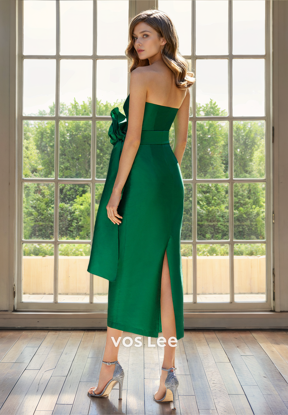 Unique Sweetheart Green Off Shoulder Tea Length Satin Mother of the Bride Dresses
