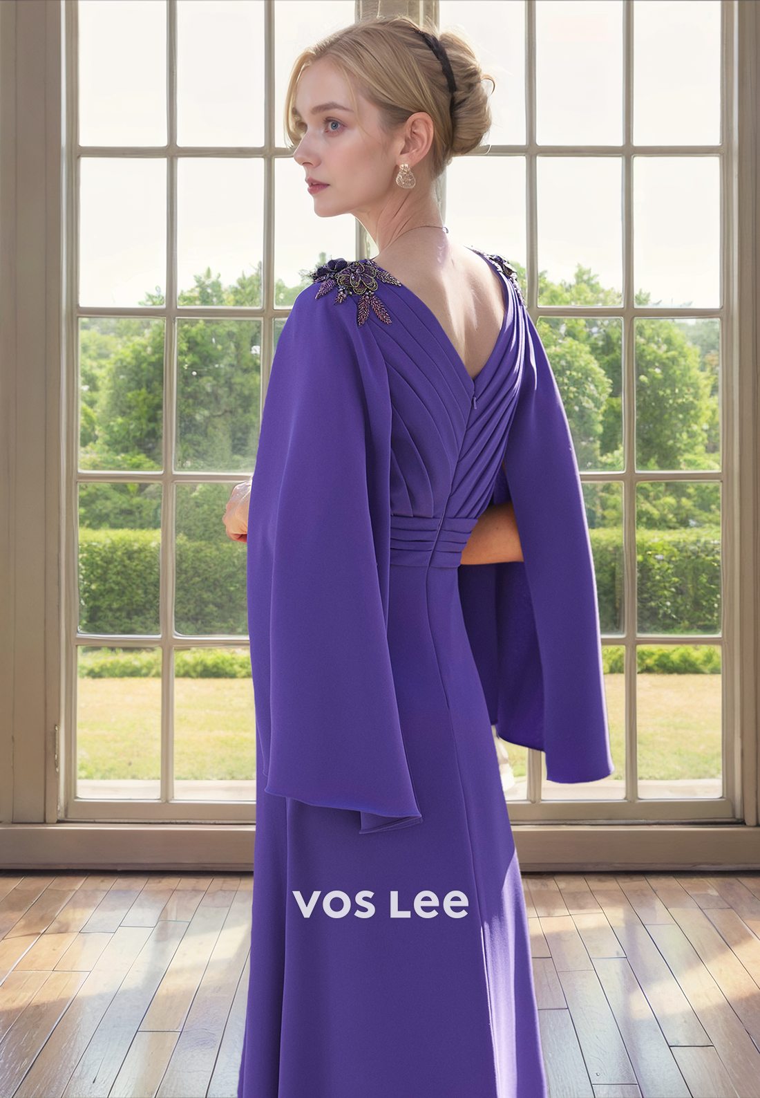 Classy Purple V Neck Long Sleeves Floor Length Pleated Mother of the Bride Dress