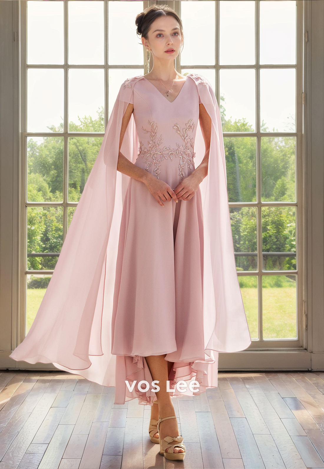 Modest Tea Length VNeck Mother of the Bride Dress Chiffon Cap Sleeves Party Dresses