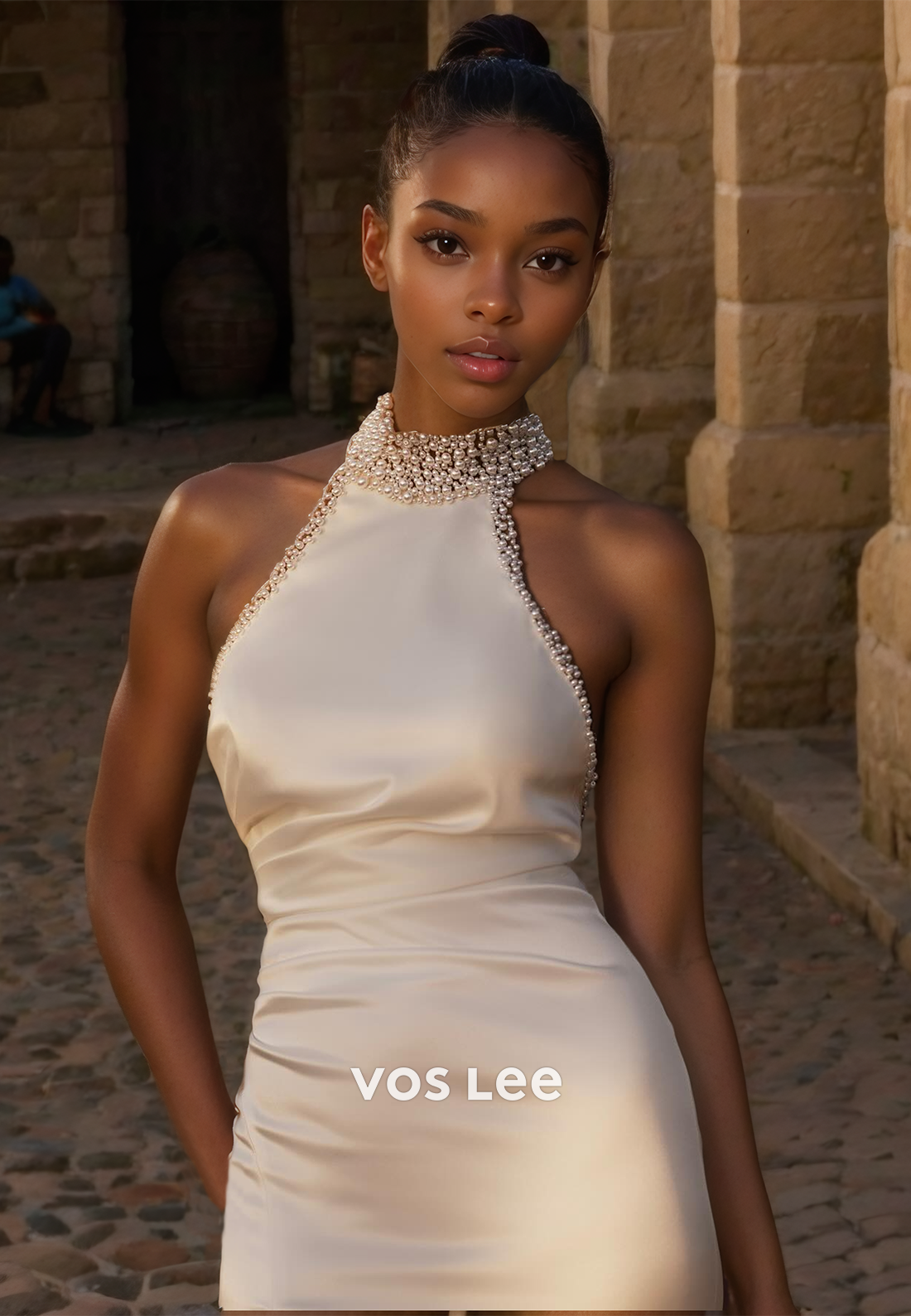 Charming Halter Sleeveless Column Side Split Sleeveless Beaded Ruehed Wedding Dress