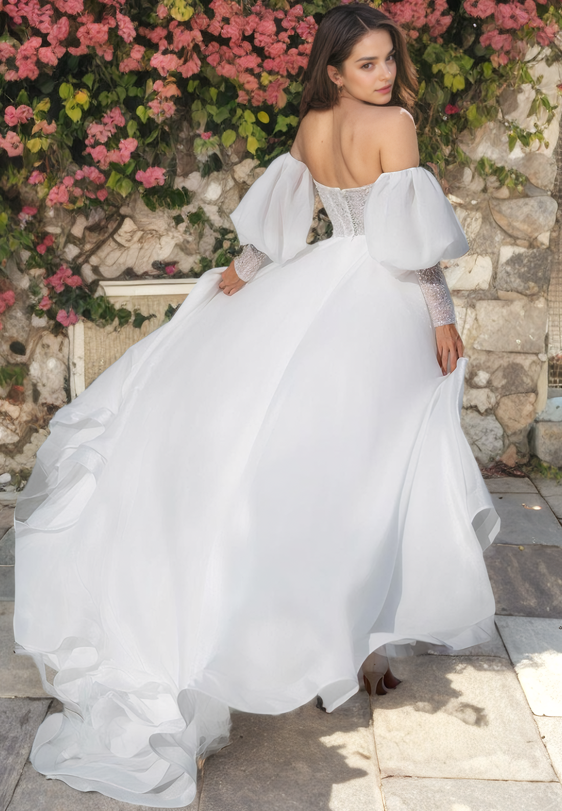 Fairytale Sweetheart Cathedral Train A-Line Off Shoulder Lace Tulle Long Sleeves Beach Wedding Dress