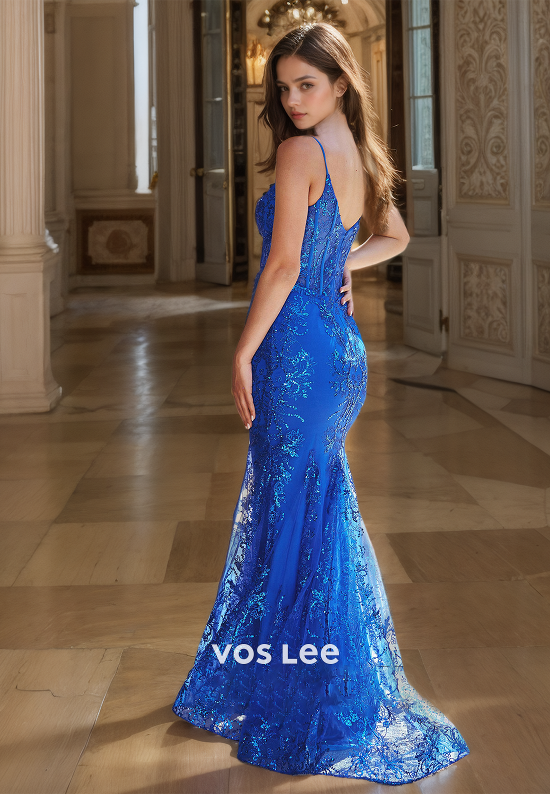 Gorgeous V Neck Royal Blue Spaghetti Straps Prom Dress Mermaid Lace Formal Cocktail Dresses