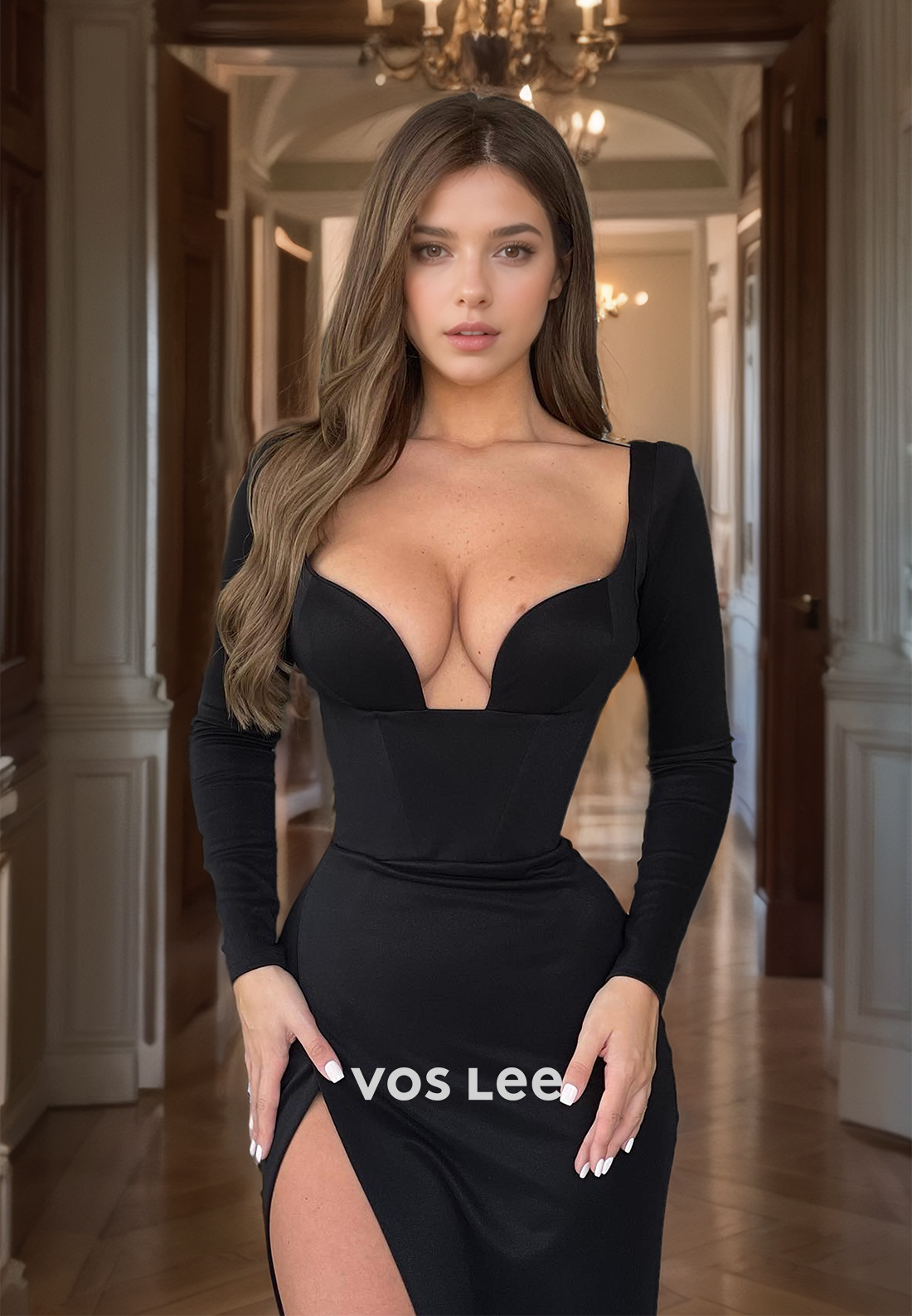 Elegant Sweetheart Full Sleeves Black Long Dresses Floor Length Night Party Dress with High Slit