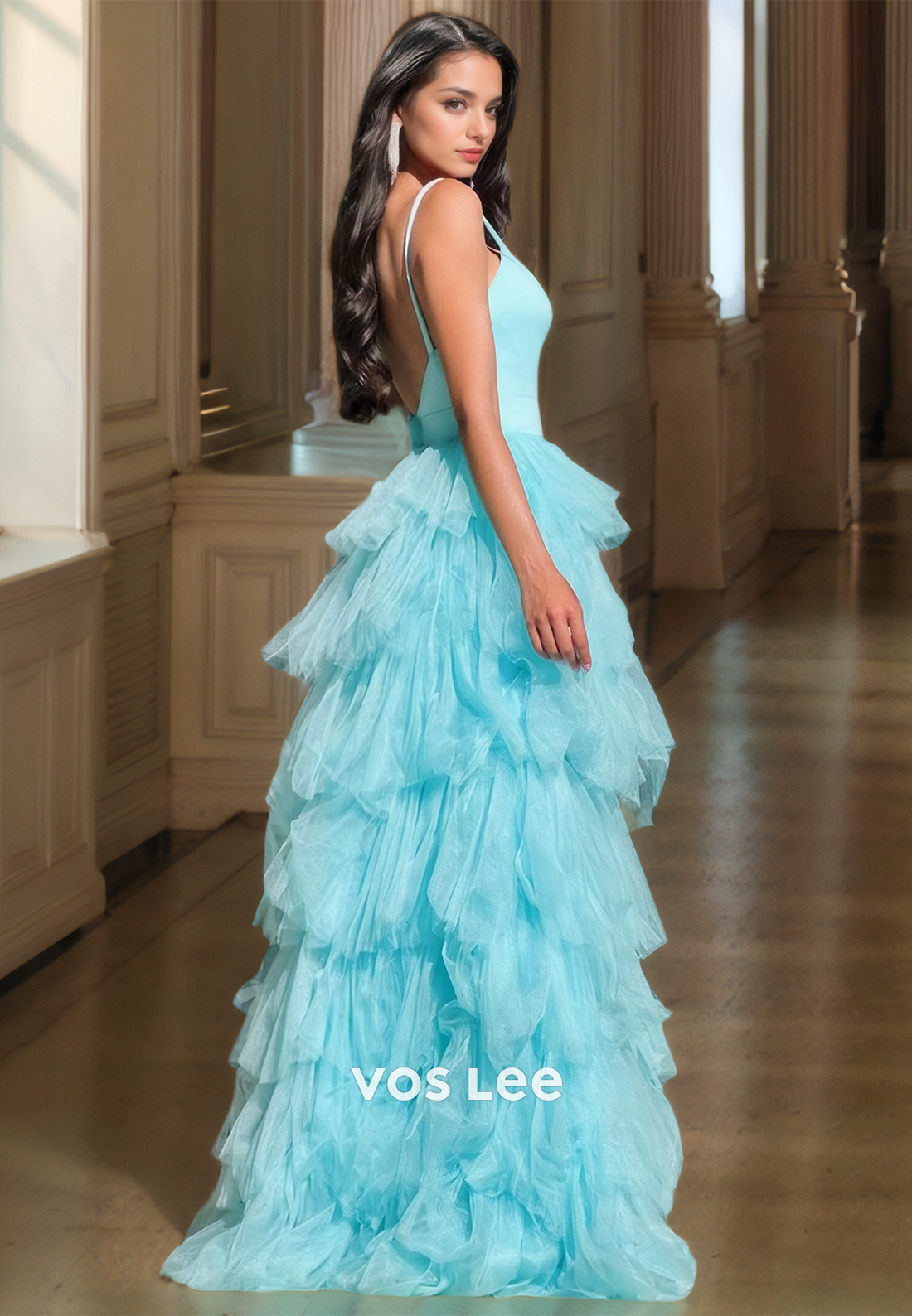 A-Line Deep V Neck Spaghetti Straps Backless Sweep Train Side Split Tulle Prom Party Dress