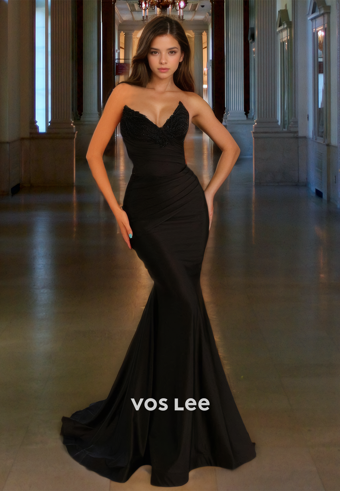 Sexy Mermaid Appliqued Satin Prom Gown Floor Length Strapless Quinceanera Dress